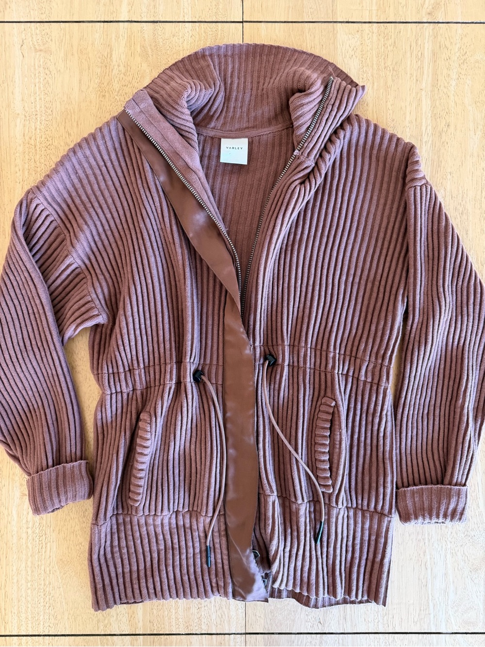 Varley Ribbed Hooded Zip Sweater Jacket in Mauve Brown
